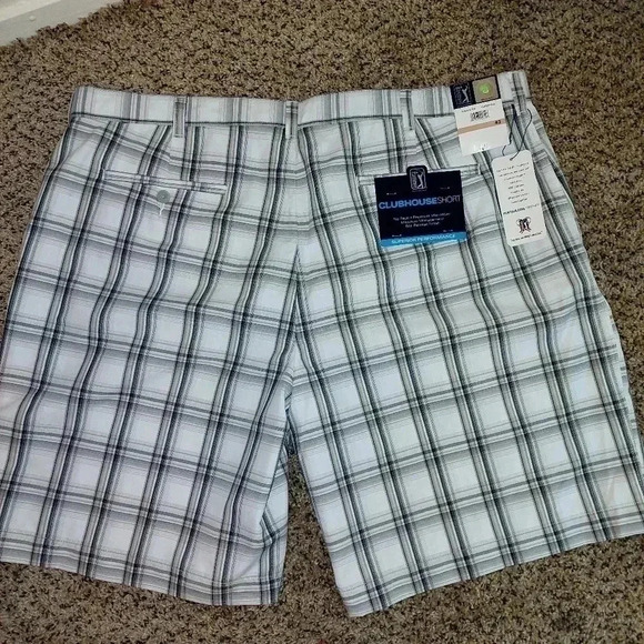 NWT PGA Tour Golf Shorts Mens 42 White Gray Tan Flat Front Plaid Slash Pockets - Picture 2 of 6